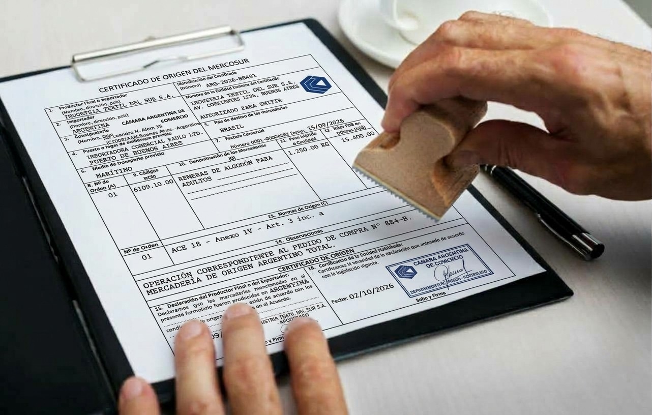 Mano sellando un certificado de origen del Mercosur sobre una tablilla